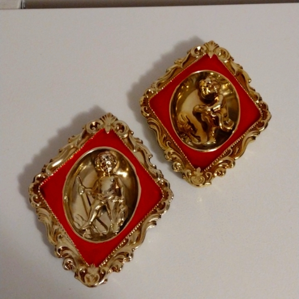 Ardco mid-century Tuscan cherub set of 2 ceramic wall art vintage